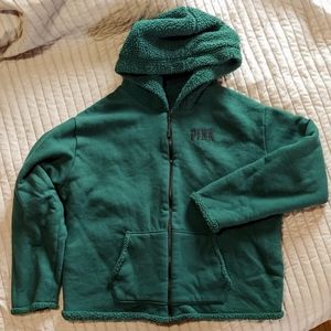 PINK sherpa zip-up, green, LIKE NEW